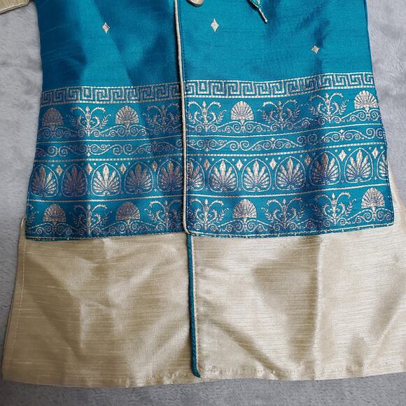 Kurta Suit Jacket & Vest Boys 2 Blue Turqoise Gold Button Front Wedding Indian - Picture 12 of 16